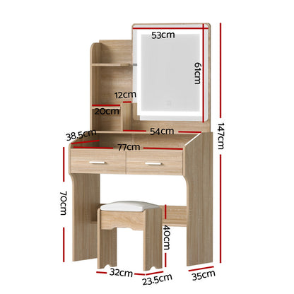 OZ LED Dressing Table Set with Mirror & Stool – Wood Finish