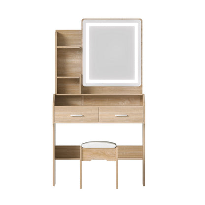 OZ LED Dressing Table Set with Mirror & Stool – Wood Finish
