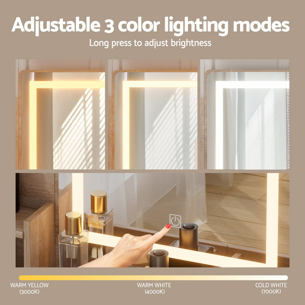 OZ LED Dressing Table Set with Mirror & Stool – Wood Finish