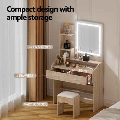 OZ LED Dressing Table Set with Mirror & Stool – Wood Finish