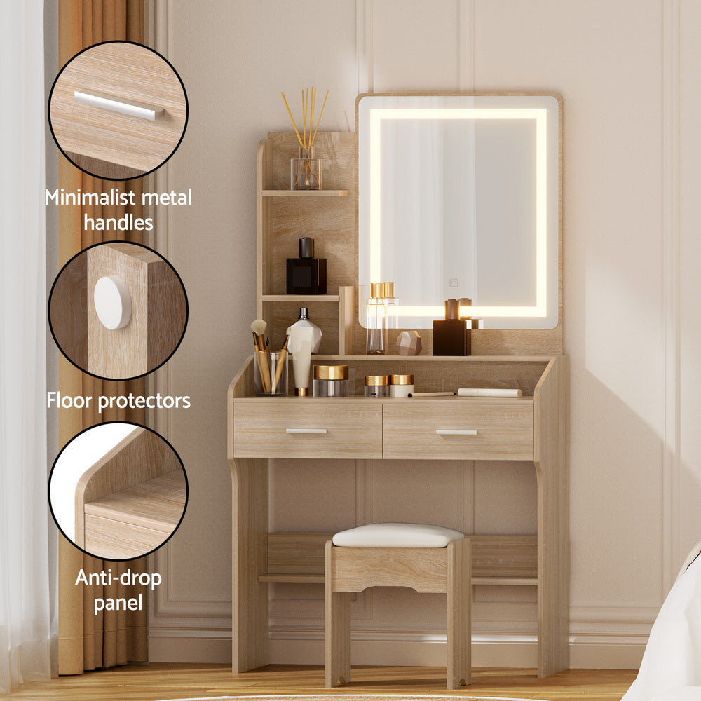 OZ LED Dressing Table Set with Mirror & Stool – Wood Finish