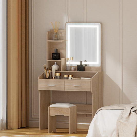 OZ LED Dressing Table Set with Mirror & Stool – Wood Finish