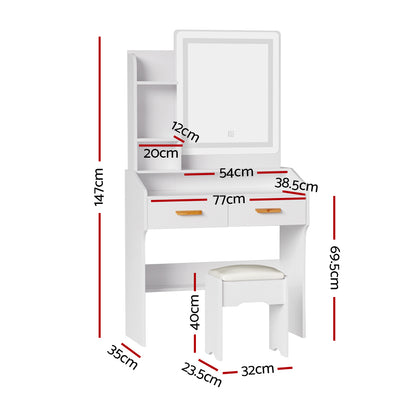 OZ LED Dressing Table Set with Mirror & Stool – White Finish