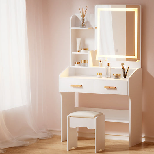 OZ LED Dressing Table Set with Mirror & Stool – White Finish