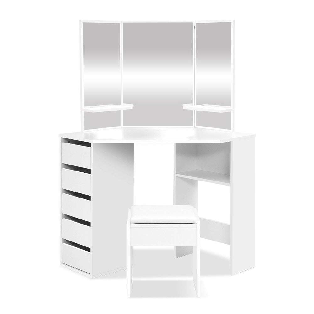 Coastal Corner Dressing Table Set with Mirror & Stool – White Melamine Finish