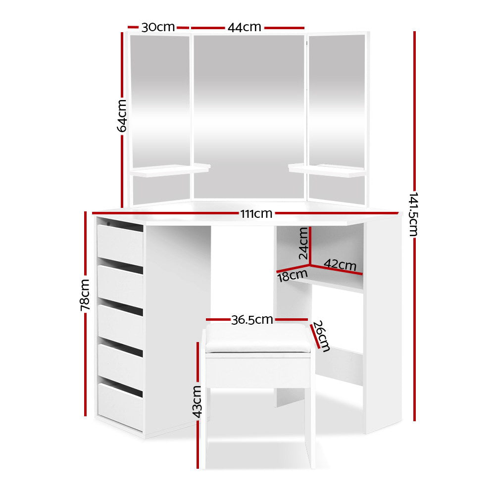 Coastal Corner Dressing Table Set with Mirror & Stool – White Melamine Finish