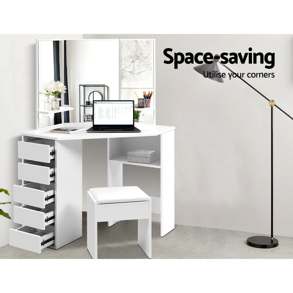 Coastal Corner Dressing Table Set with Mirror & Stool – White Melamine Finish