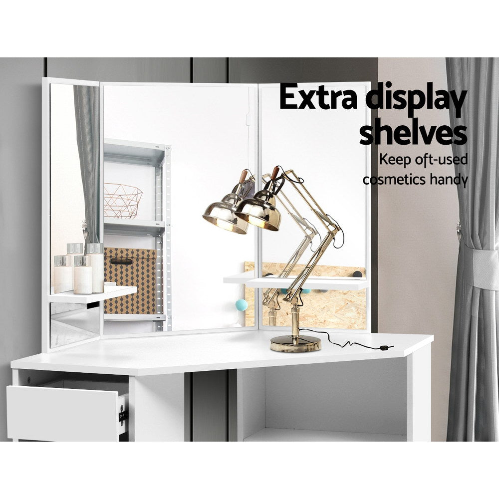 Coastal Corner Dressing Table Set with Mirror & Stool – White Melamine Finish