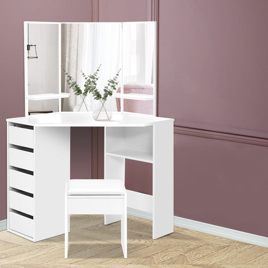 Coastal Corner Dressing Table Set with Mirror & Stool – White Melamine Finish