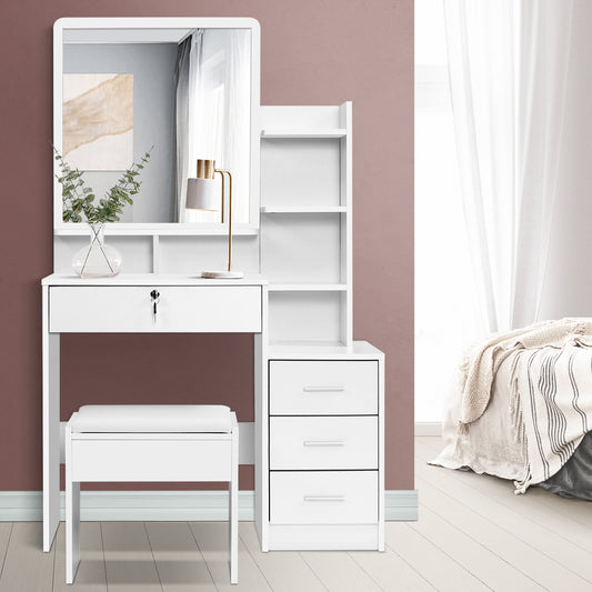 Coogee Deluxe Dressing Table Set with Mirror & Stool – White Melamine