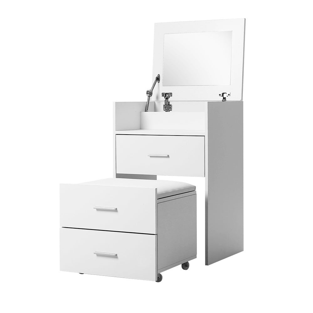 Bane 2-in-1 Bedside Dressing Table Set with Hidden Mirror & Stool – White Finish