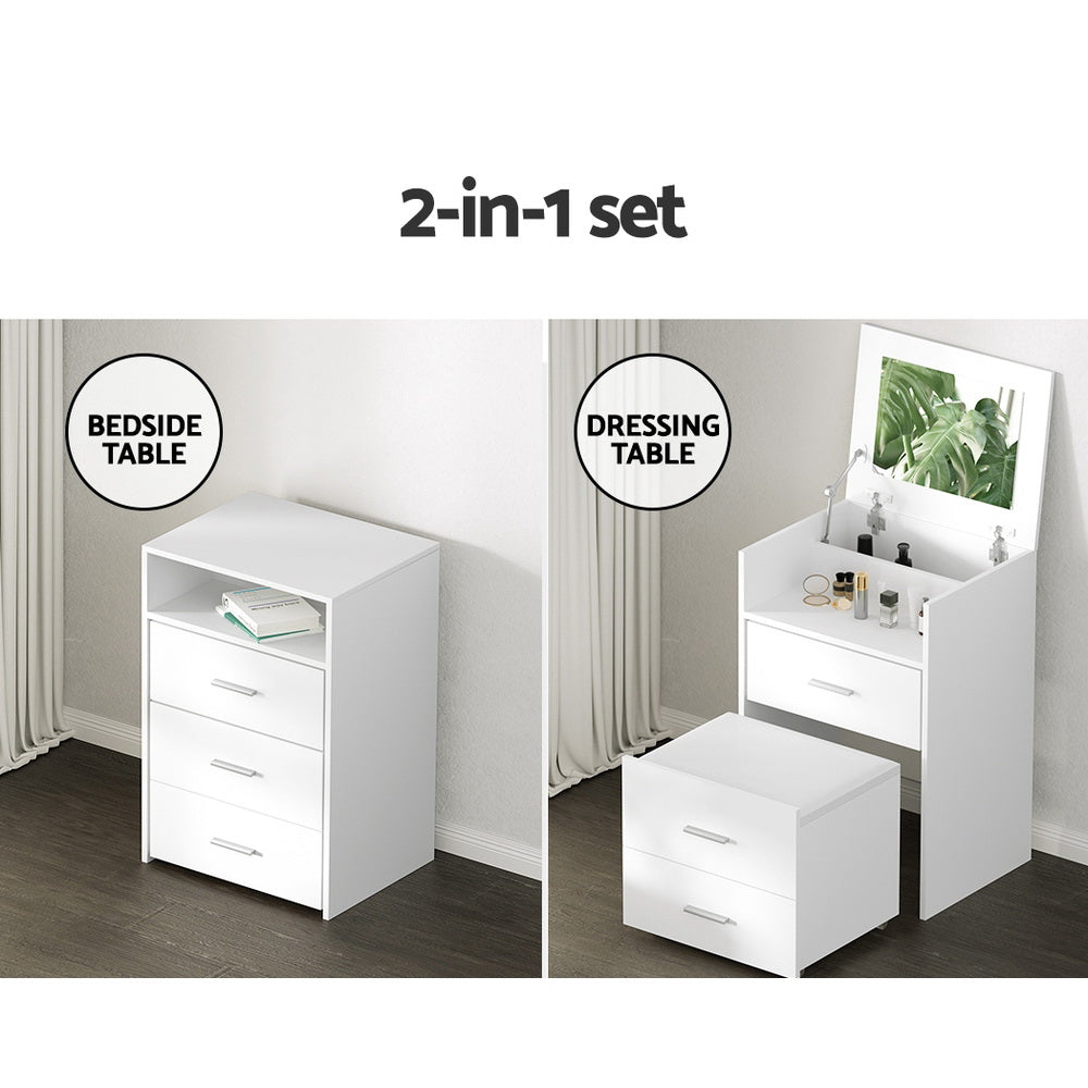 Bane 2-in-1 Bedside Dressing Table Set with Hidden Mirror & Stool – White Finish
