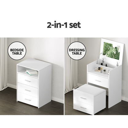 Bane 2-in-1 Bedside Dressing Table Set with Hidden Mirror & Stool – White Finish
