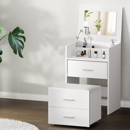 Bane 2-in-1 Bedside Dressing Table Set with Hidden Mirror & Stool – White Finish