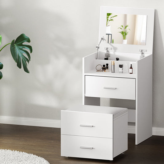 Bane 2-in-1 Bedside Dressing Table Set with Hidden Mirror & Stool – White Finish