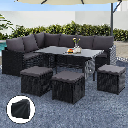 9-Seater Wicker Outdoor Sofa Dining Set - Black
