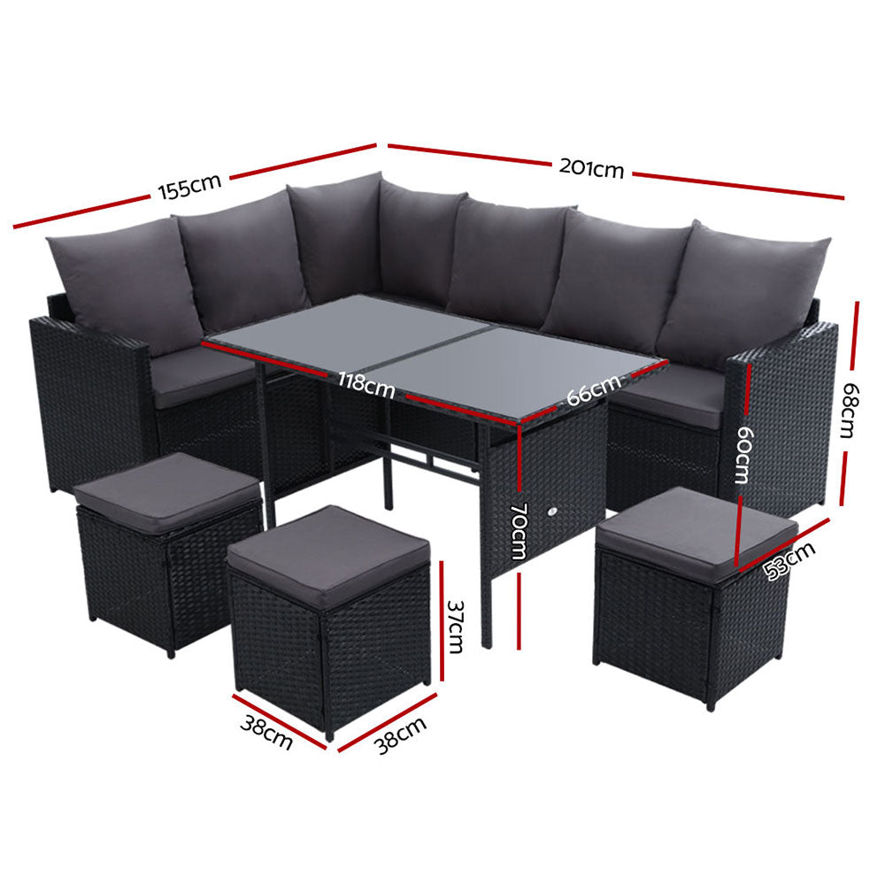 9-Seater Wicker Outdoor Sofa Dining Set - Black