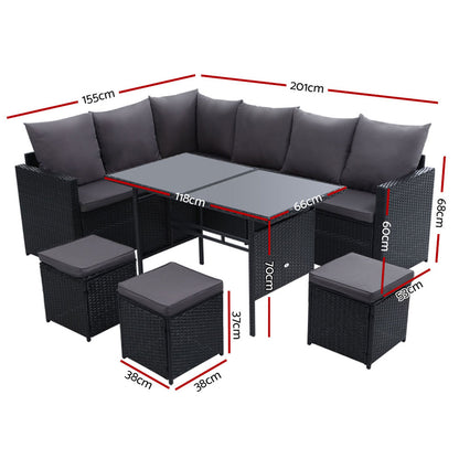 9-Seater Wicker Outdoor Sofa Dining Set - Black