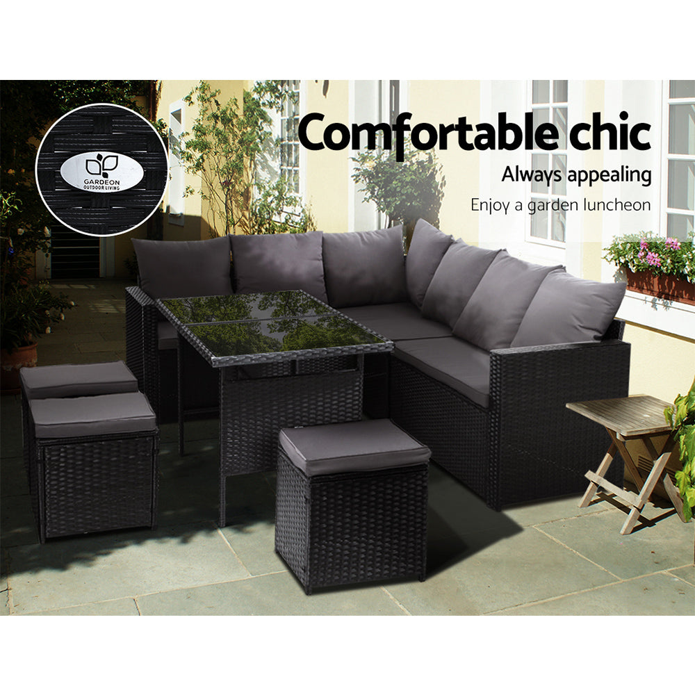 9-Seater Wicker Outdoor Sofa Dining Set - Black