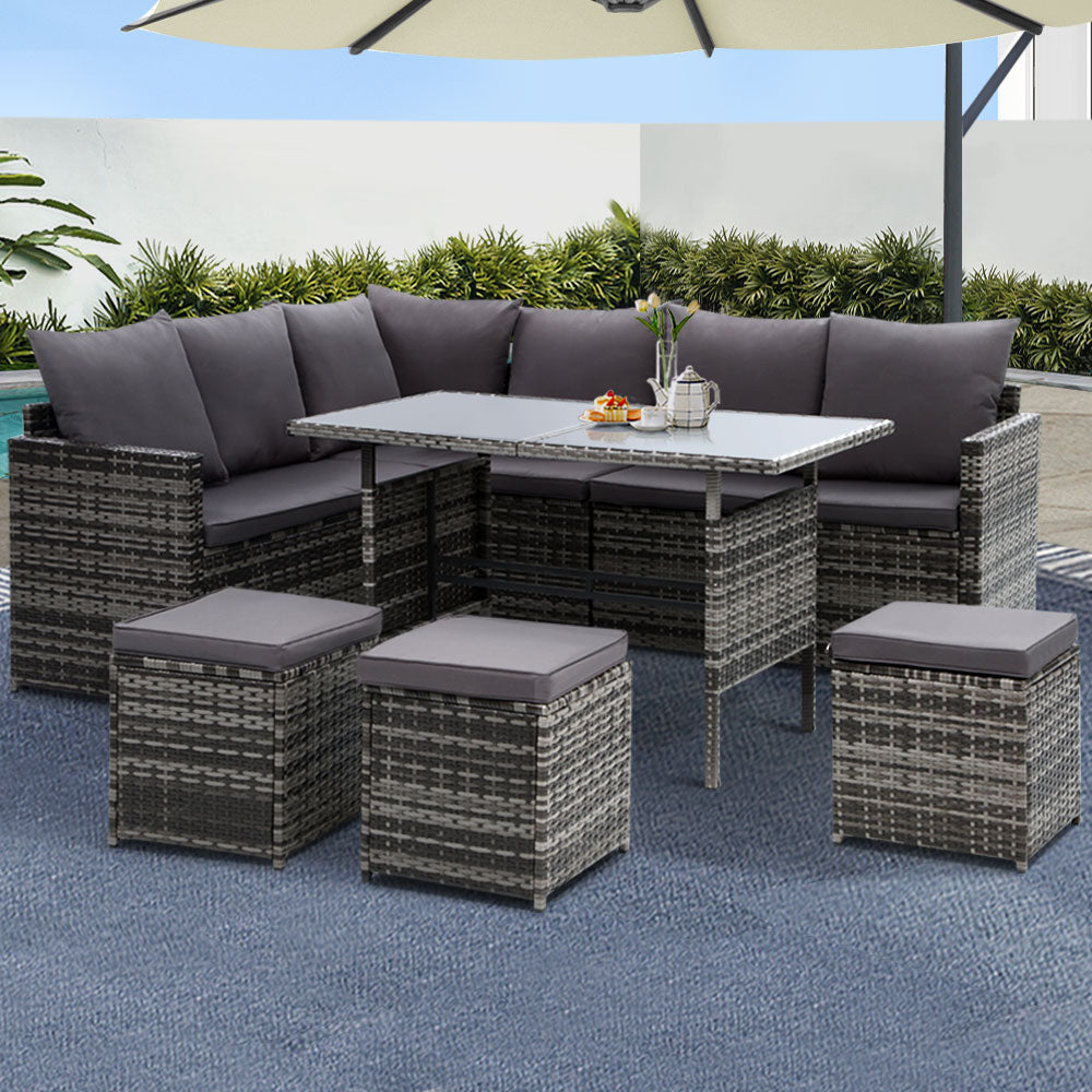 9-Seater Wicker Outdoor Sofa Dining Set - Grey