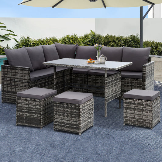 9-Seater Wicker Outdoor Sofa Dining Set - Grey