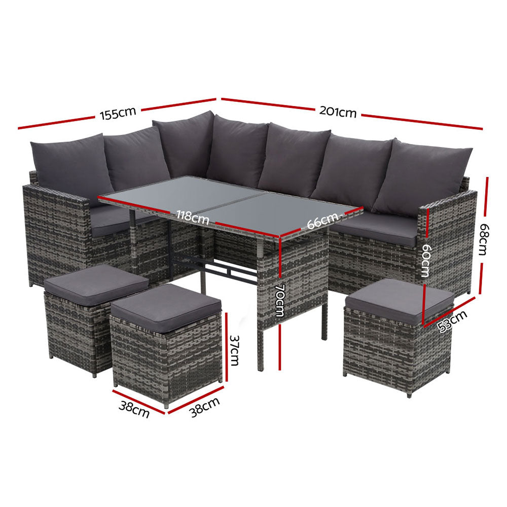 9-Seater Wicker Outdoor Sofa Dining Set - Grey