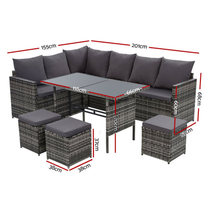 9-Seater Wicker Outdoor Sofa Dining Set - Grey