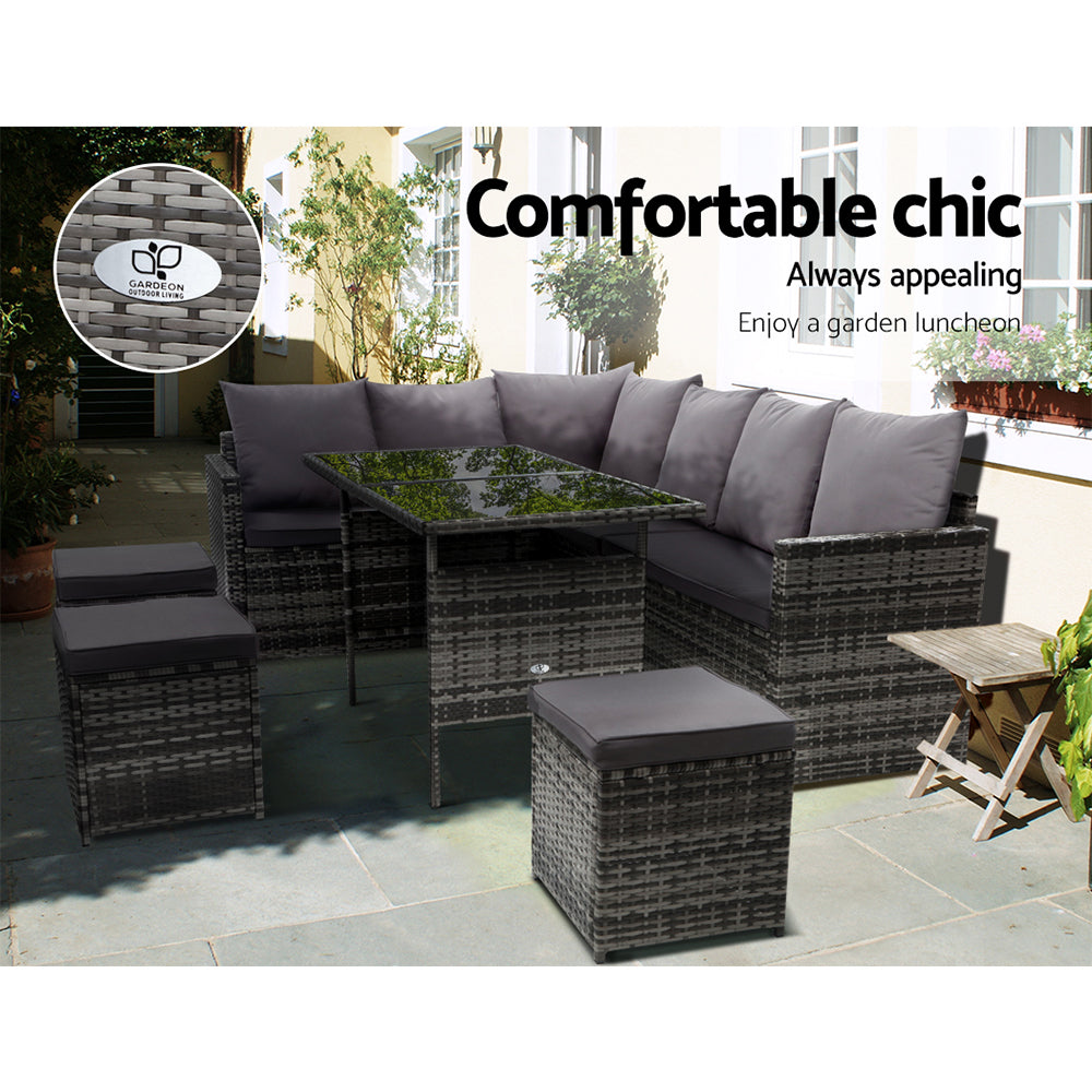 9-Seater Wicker Outdoor Sofa Dining Set - Grey