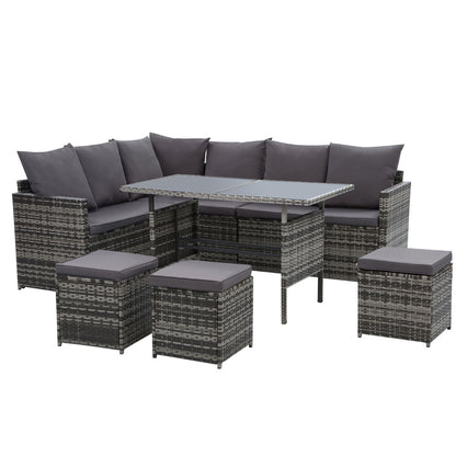 9-Seater Wicker Outdoor Sofa Dining Set - Grey