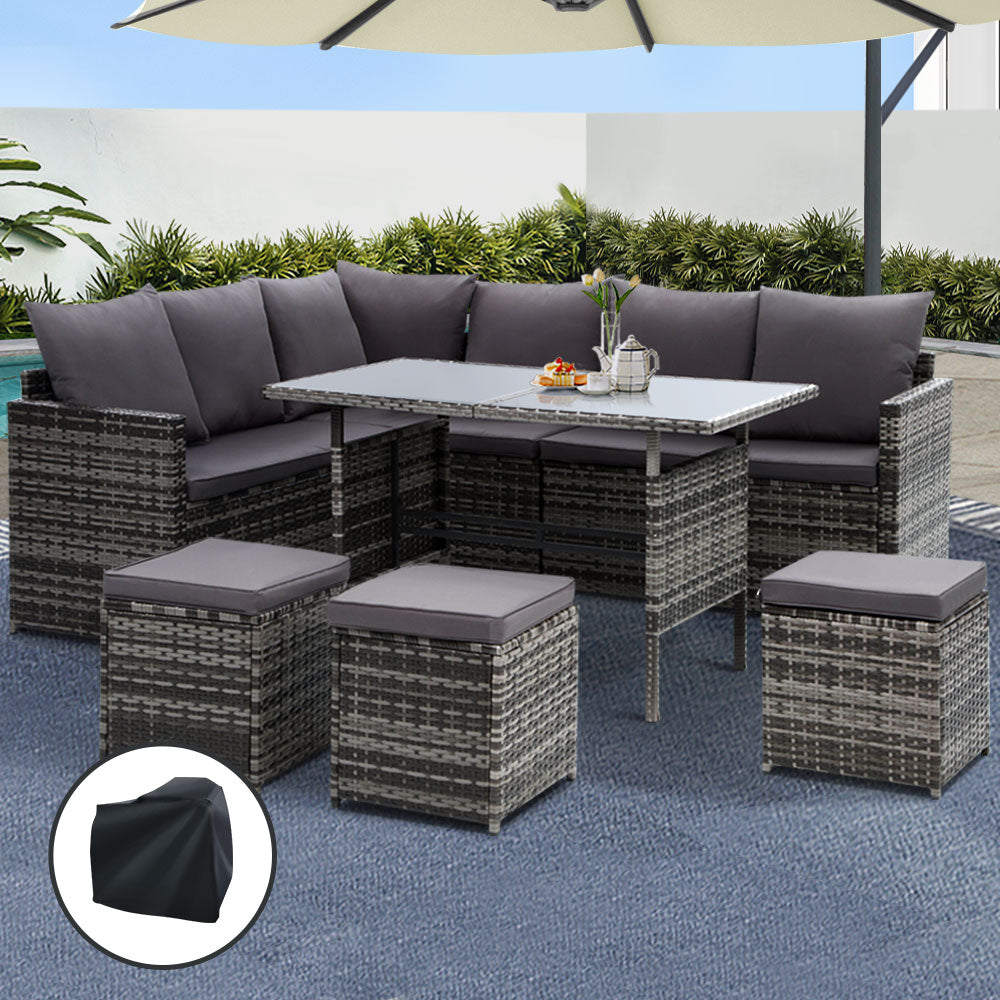 9-Seater Wicker Outdoor Sofa Dining Set - Grey