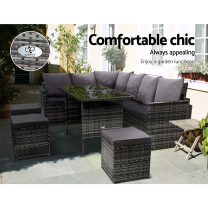9-Seater Wicker Outdoor Sofa Dining Set - Grey