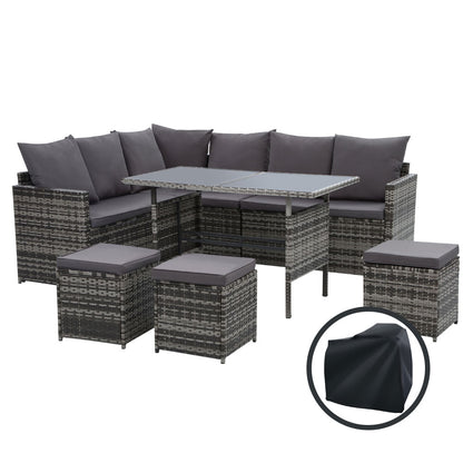 9-Seater Wicker Outdoor Sofa Dining Set - Grey