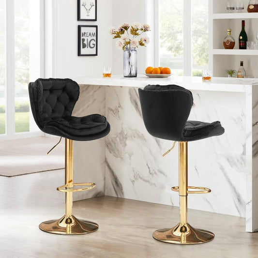 Patan Velvet Bar Stools – Adjustable Height & 360° Swivel, Black/Gold