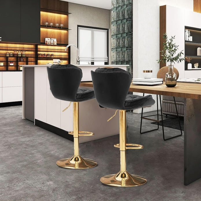 Patan Velvet Bar Stools – Adjustable Height & 360° Swivel, Black/Gold
