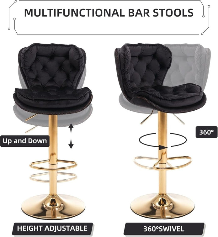 Patan Velvet Bar Stools – Adjustable Height & 360° Swivel, Black/Gold