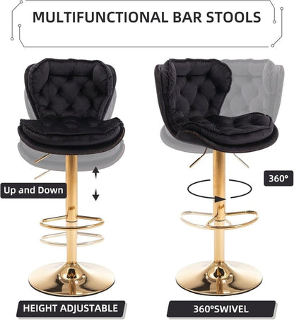 Patan Velvet Bar Stools – Adjustable Height & 360° Swivel, Black/Gold