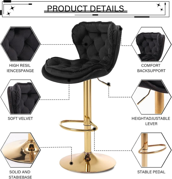 Patan Velvet Bar Stools – Adjustable Height & 360° Swivel, Black/Gold