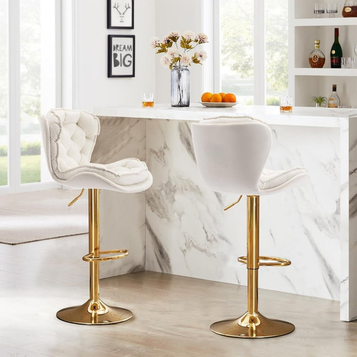 2x Bhaktapur Velvet Bar Stools – Adjustable Height & 360° Swivel, Ivory/Gold