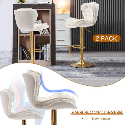 2x Bhaktapur Velvet Bar Stools – Adjustable Height & 360° Swivel, Ivory/Gold