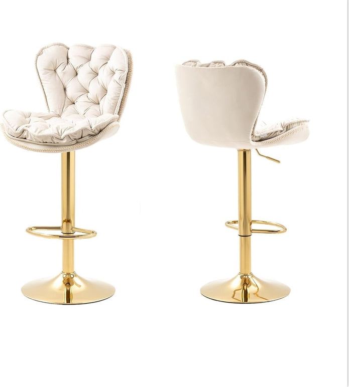 2x Bhaktapur Velvet Bar Stools – Adjustable Height & 360° Swivel, Ivory/Gold