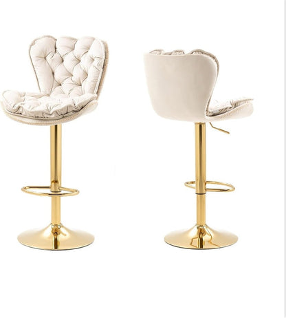 2x Bhaktapur Velvet Bar Stools – Adjustable Height & 360° Swivel, Ivory/Gold