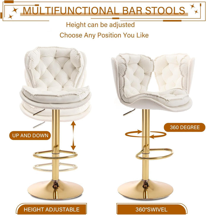 2x Bhaktapur Velvet Bar Stools – Adjustable Height & 360° Swivel, Ivory/Gold