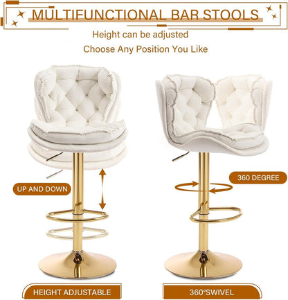 2x Bhaktapur Velvet Bar Stools – Adjustable Height & 360° Swivel, Ivory/Gold