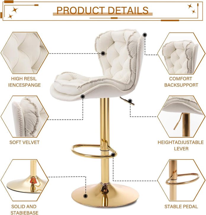 2x Bhaktapur Velvet Bar Stools – Adjustable Height & 360° Swivel, Ivory/Gold