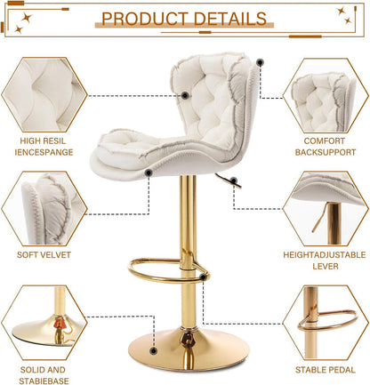 2x Bhaktapur Velvet Bar Stools – Adjustable Height & 360° Swivel, Ivory/Gold