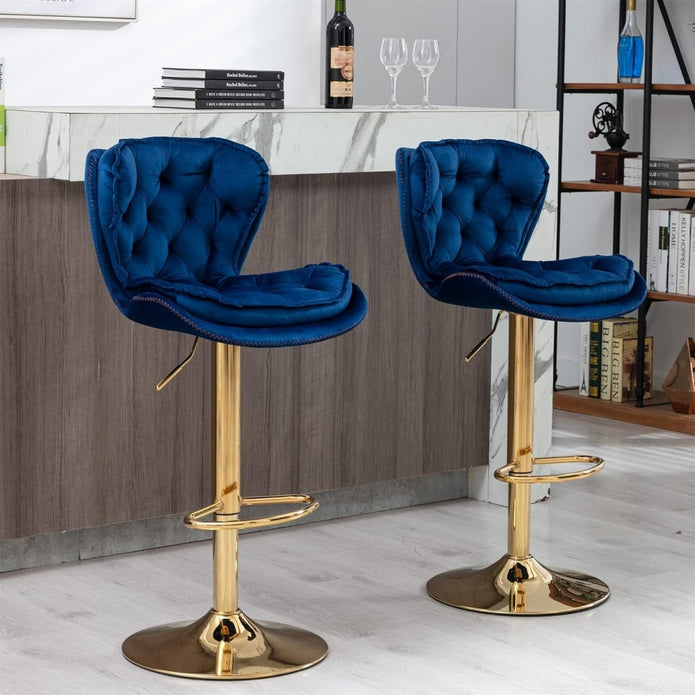 2x Sydney Velvet Bar Stools – Adjustable Height & 360° Swivel, Navy Blue/Gold