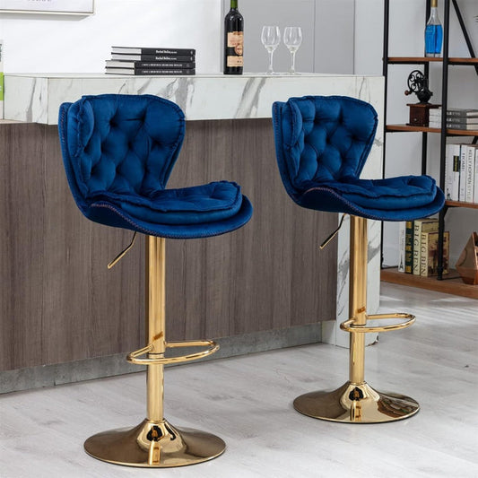 2x Sydney Velvet Bar Stools – Adjustable Height & 360° Swivel, Navy Blue/Gold