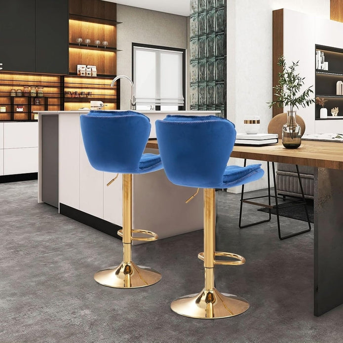 2x Sydney Velvet Bar Stools – Adjustable Height & 360° Swivel, Navy Blue/Gold