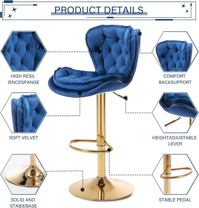 2x Sydney Velvet Bar Stools – Adjustable Height & 360° Swivel, Navy Blue/Gold