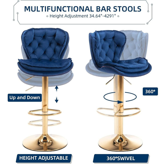 2x Sydney Velvet Bar Stools – Adjustable Height & 360° Swivel, Navy Blue/Gold